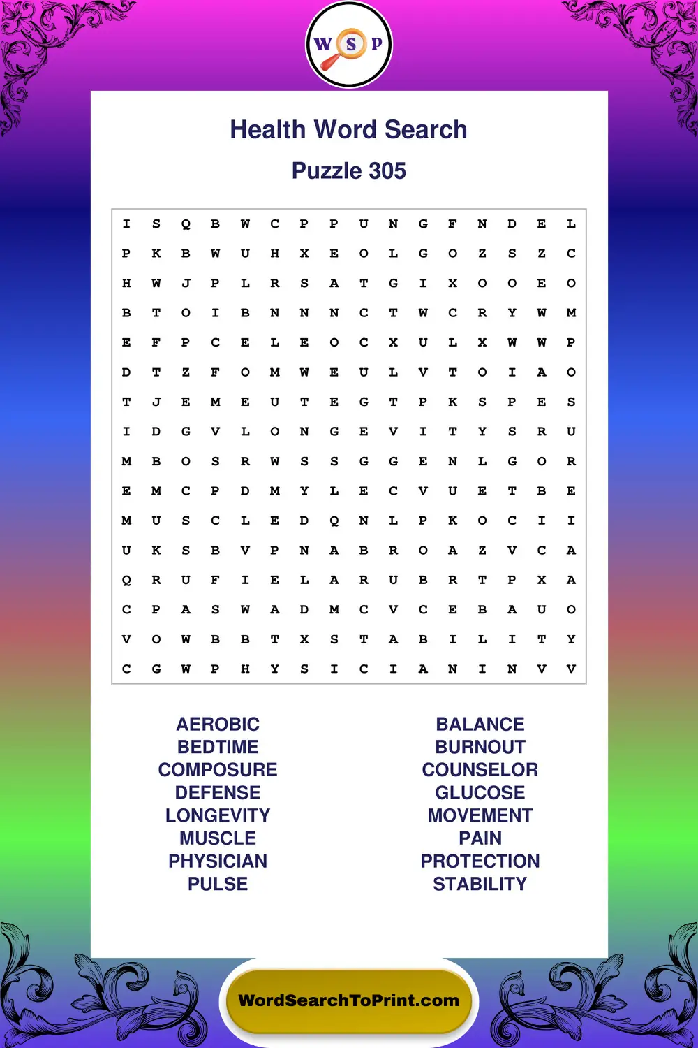 Health Word Search Puzzle 305
