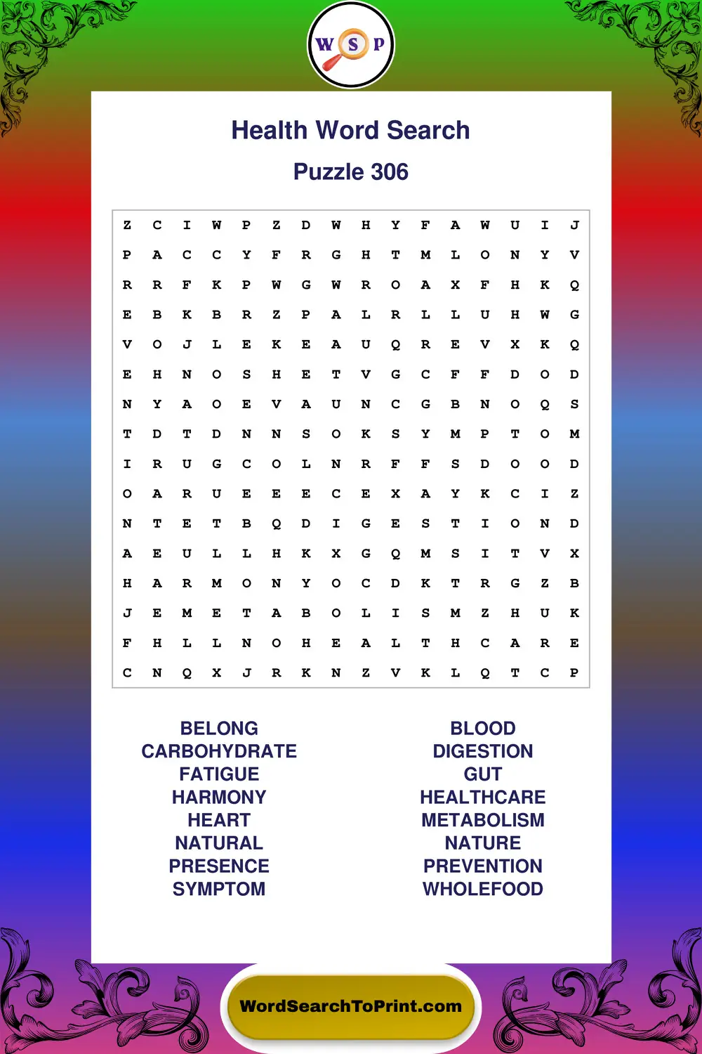 Health Word Search Puzzle 306