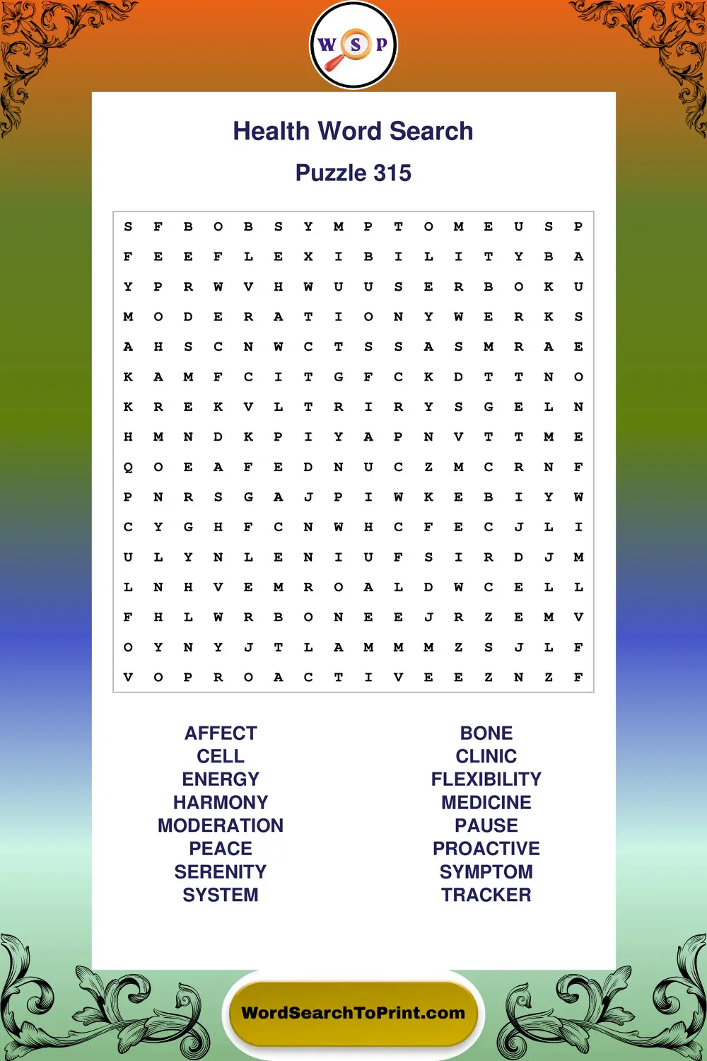 Health Word Search Puzzle 315