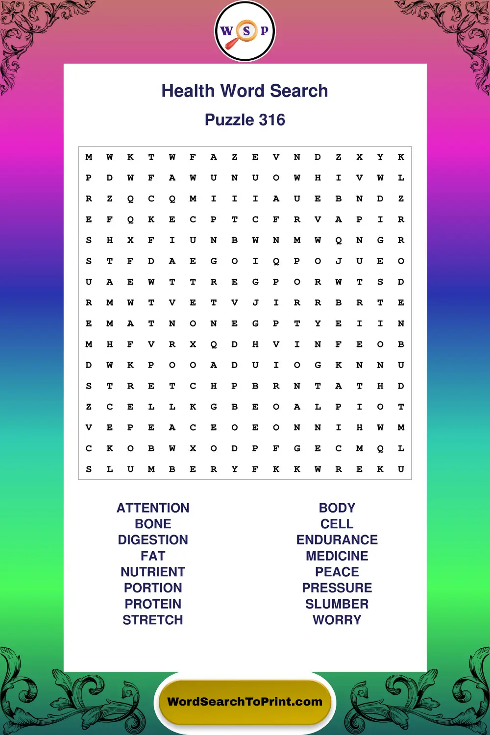 Health Word Search Puzzle 316