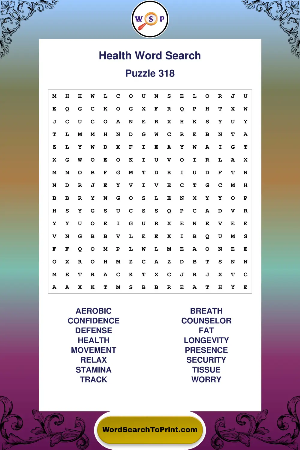 Health Word Search Puzzle 318