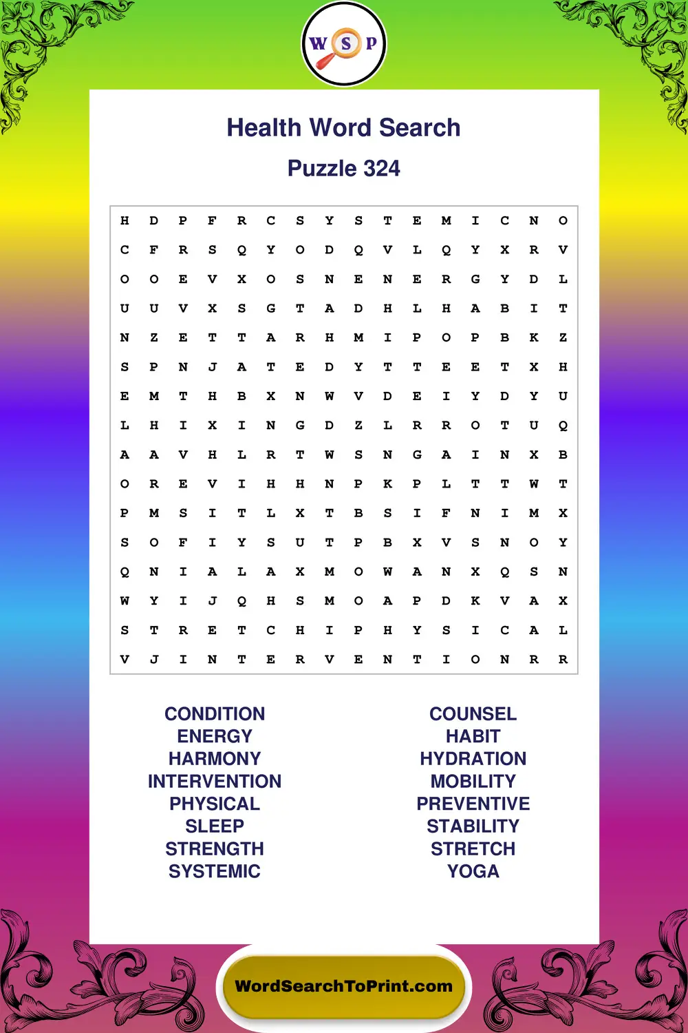 Health Word Search Puzzle 324