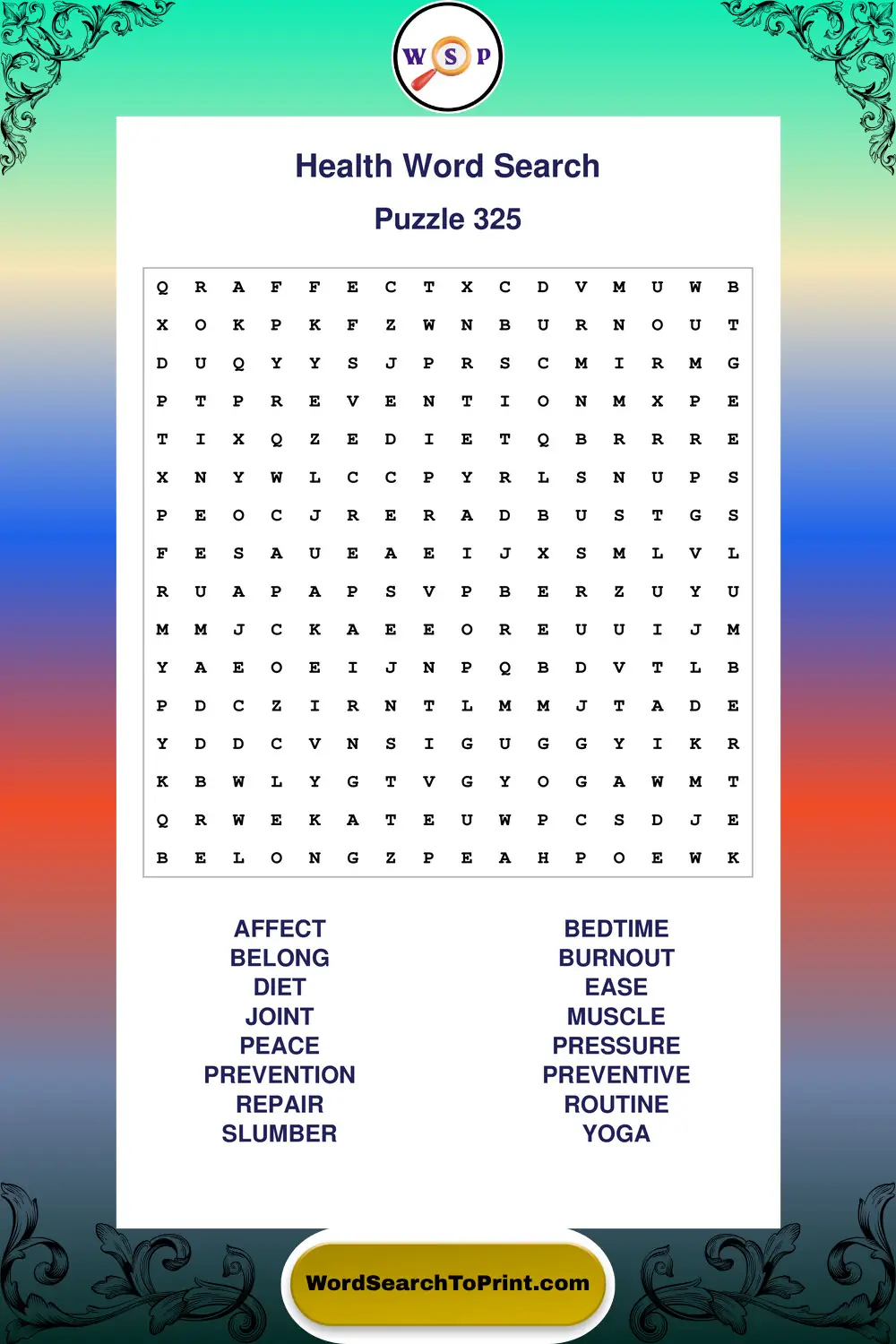 Health Word Search Puzzle 325