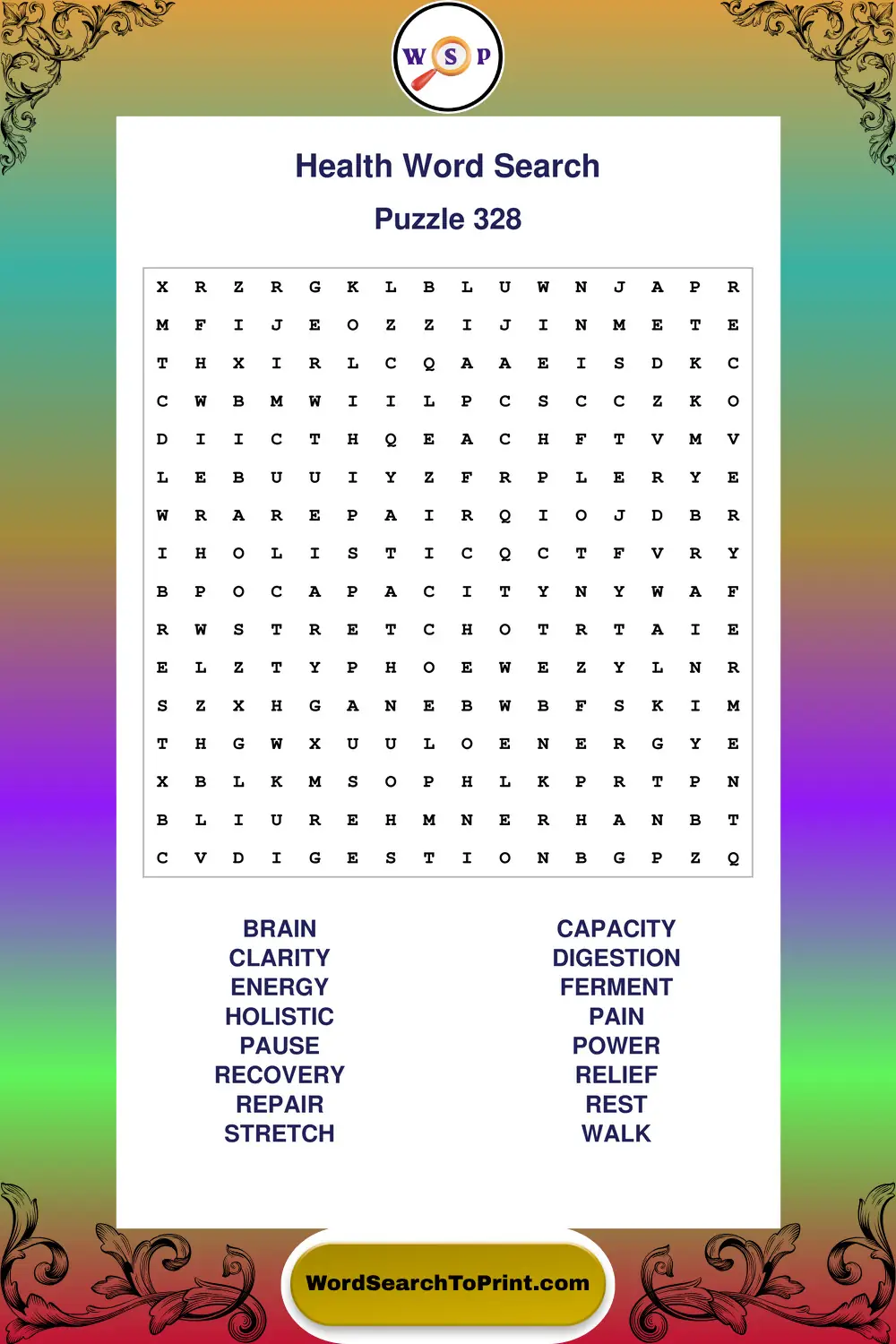 Health Word Search Puzzle 328