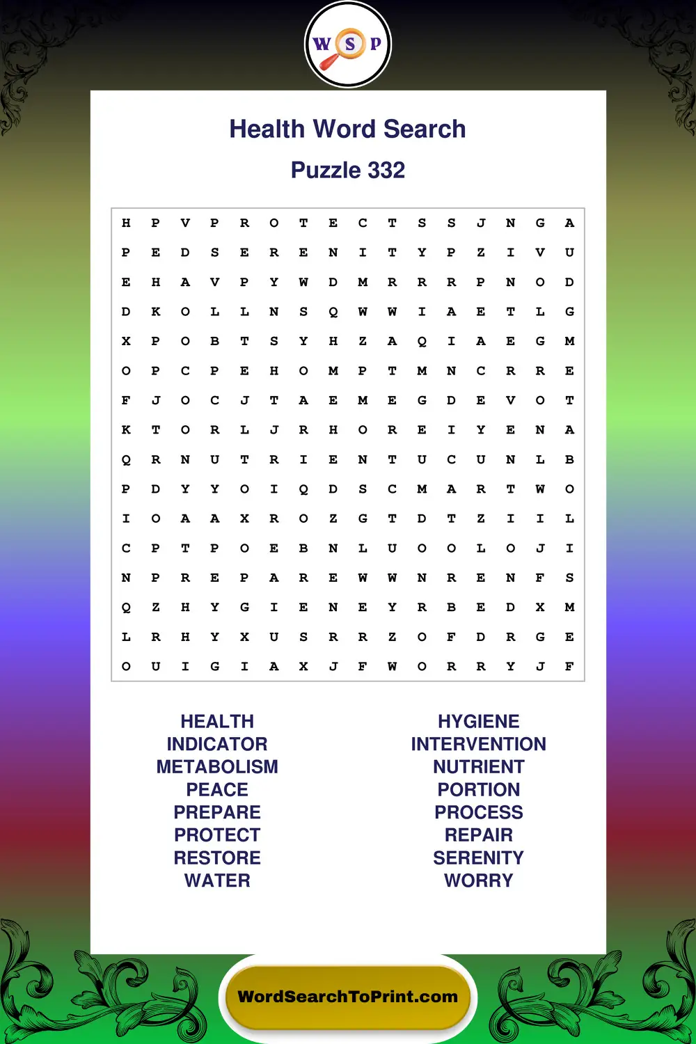 Health Word Search Puzzle 332