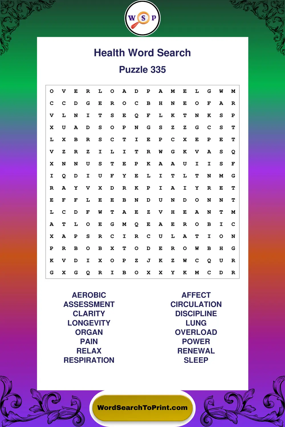 Health Word Search Puzzle 335