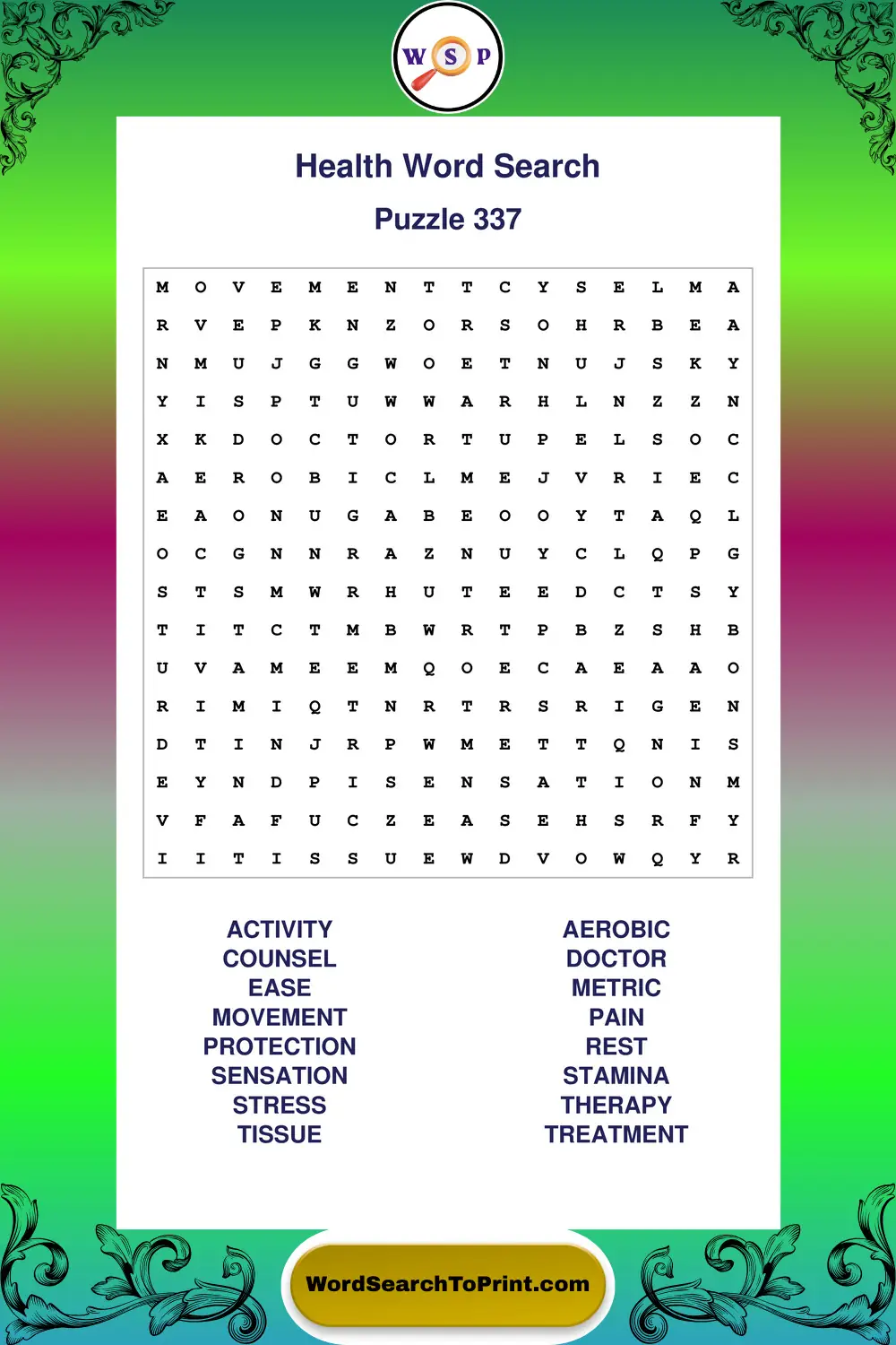 Health Word Search Puzzle 337