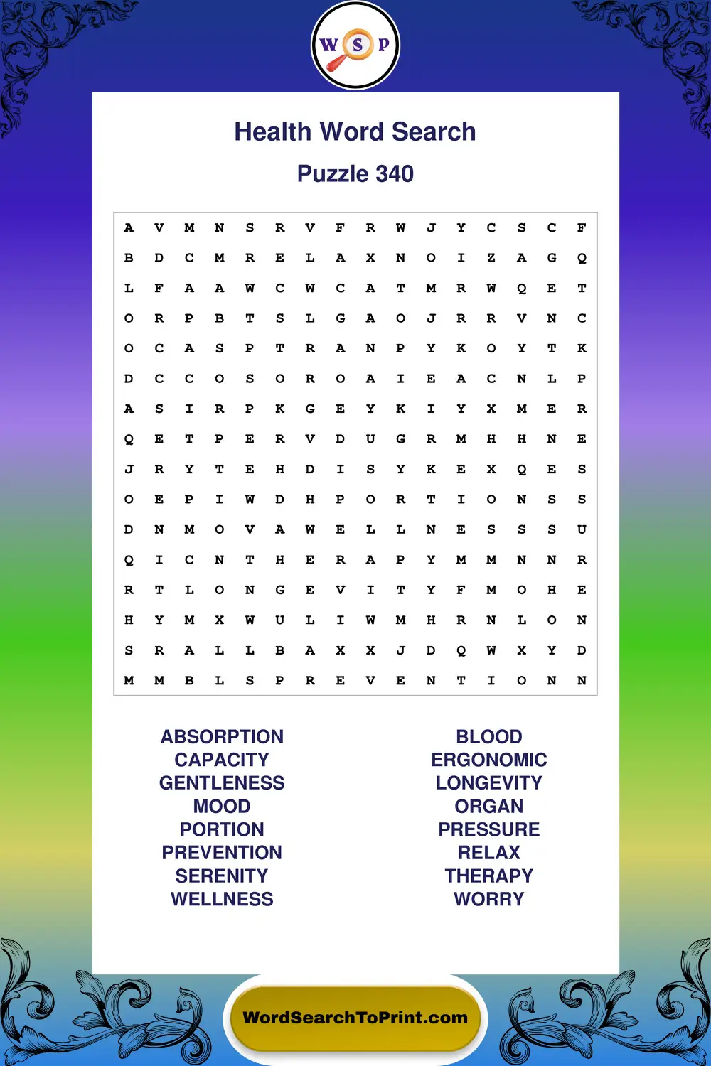 Health Word Search Puzzle 340