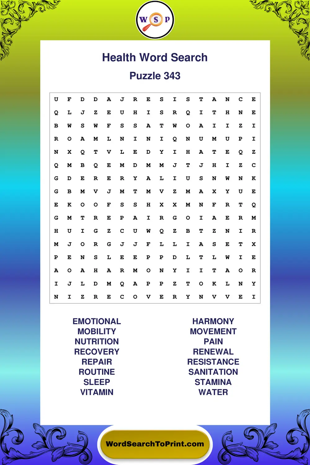 Health Word Search Puzzle 343