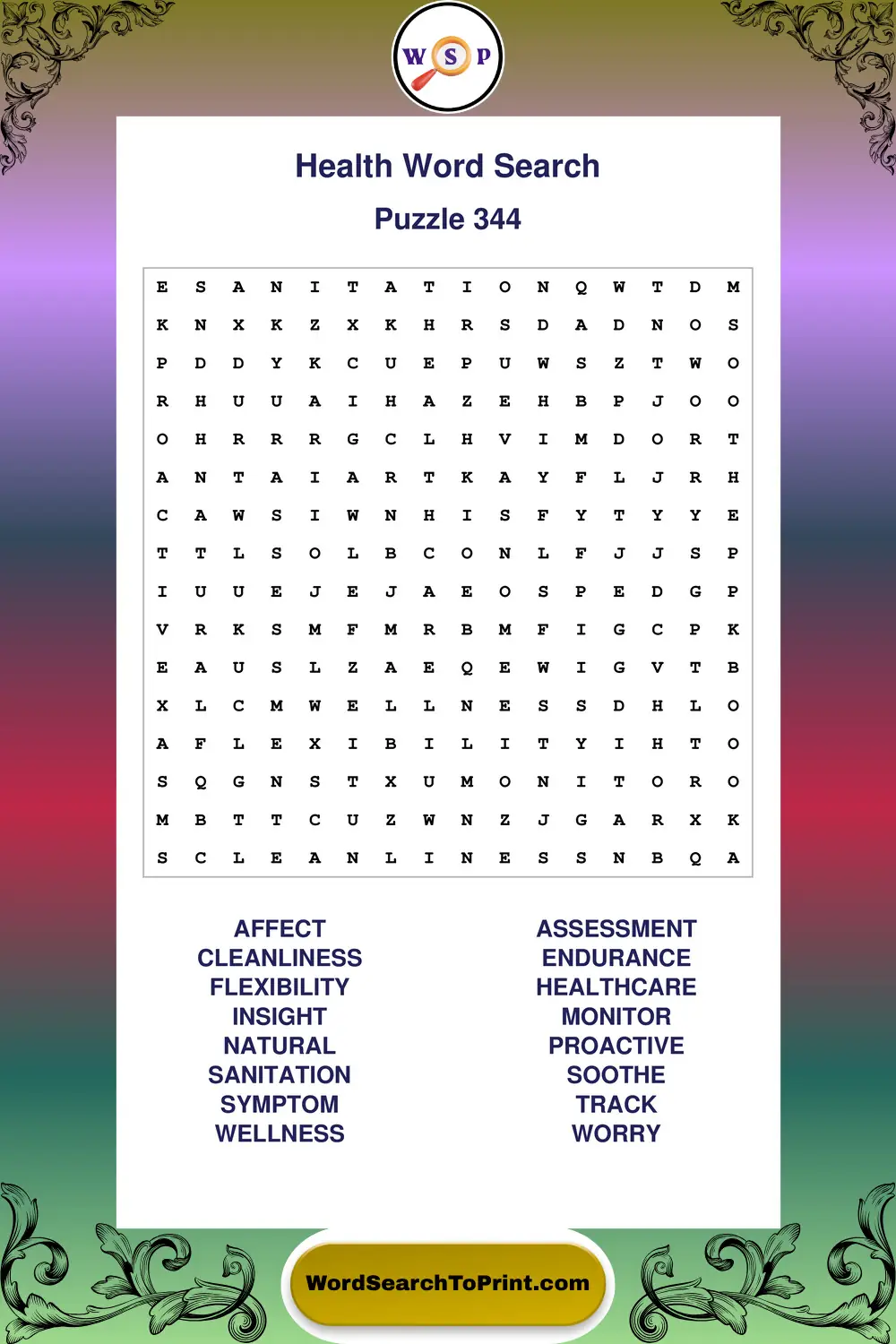 Health Word Search Puzzle 344