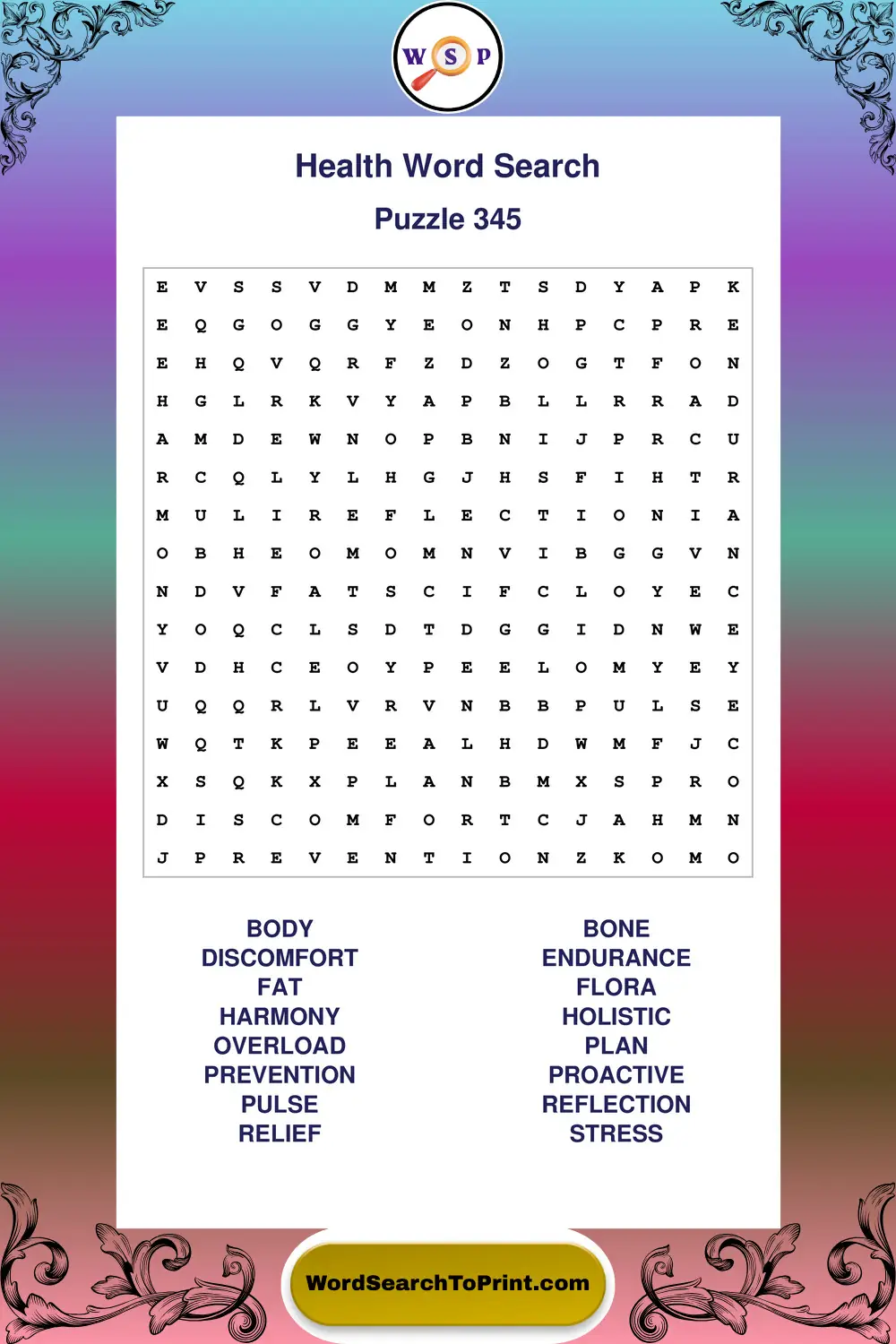 Health Word Search Puzzle 345