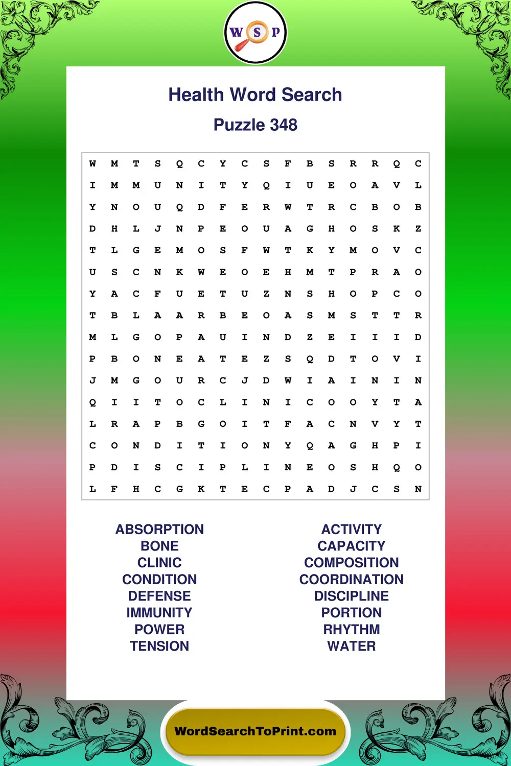 Health Word Search Puzzle 348