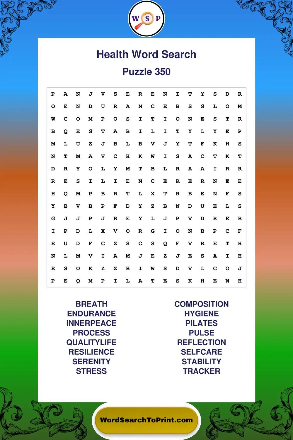 Health Word Search Puzzle 350