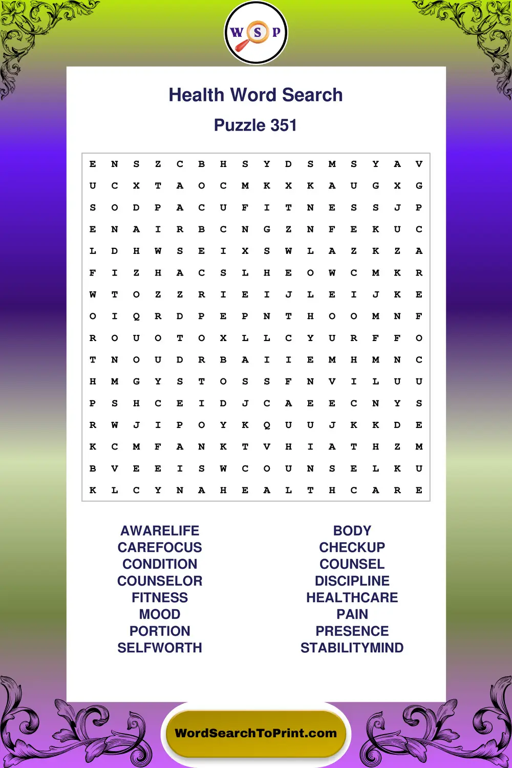 Health Word Search Puzzle 351