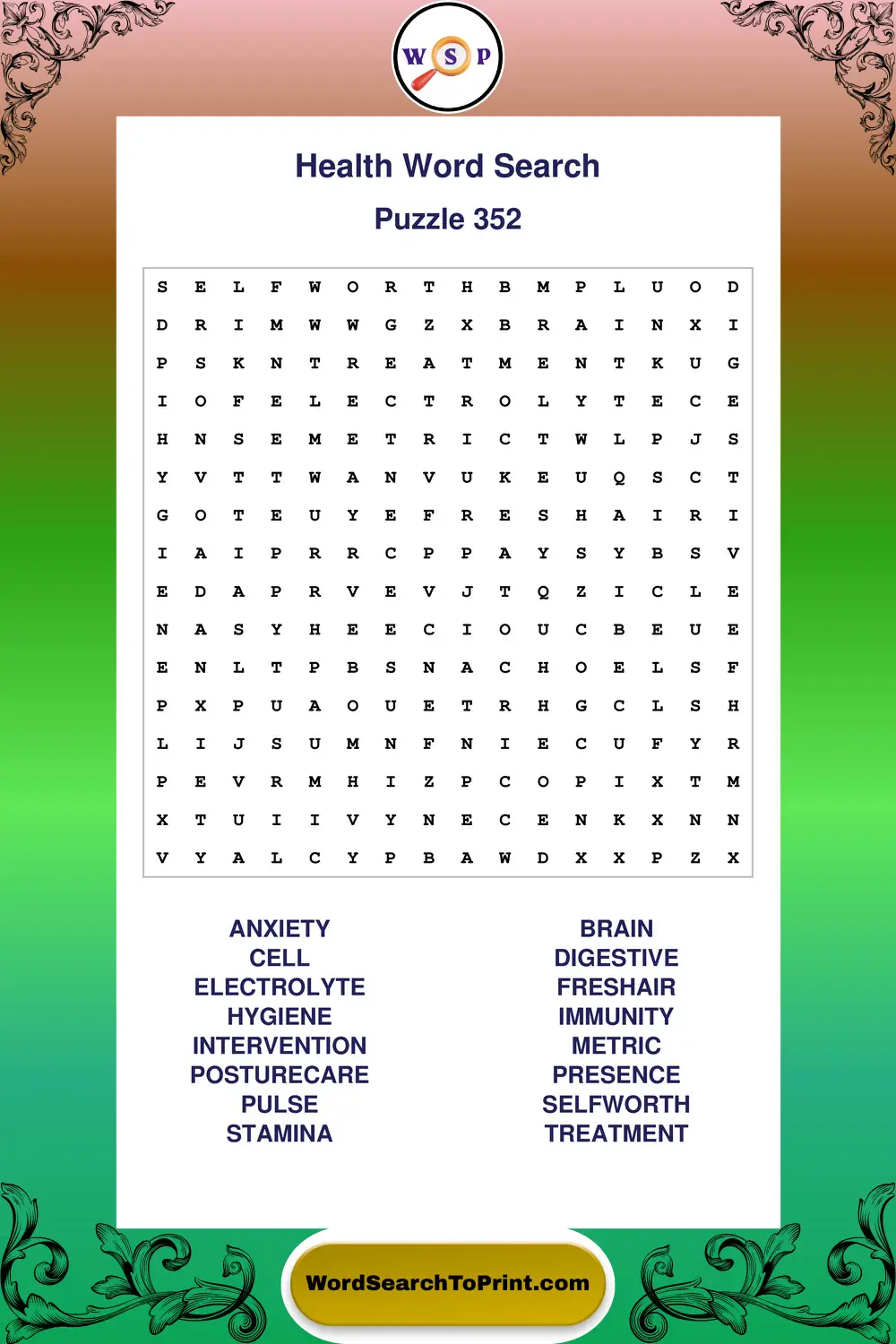 Health Word Search Puzzle 352