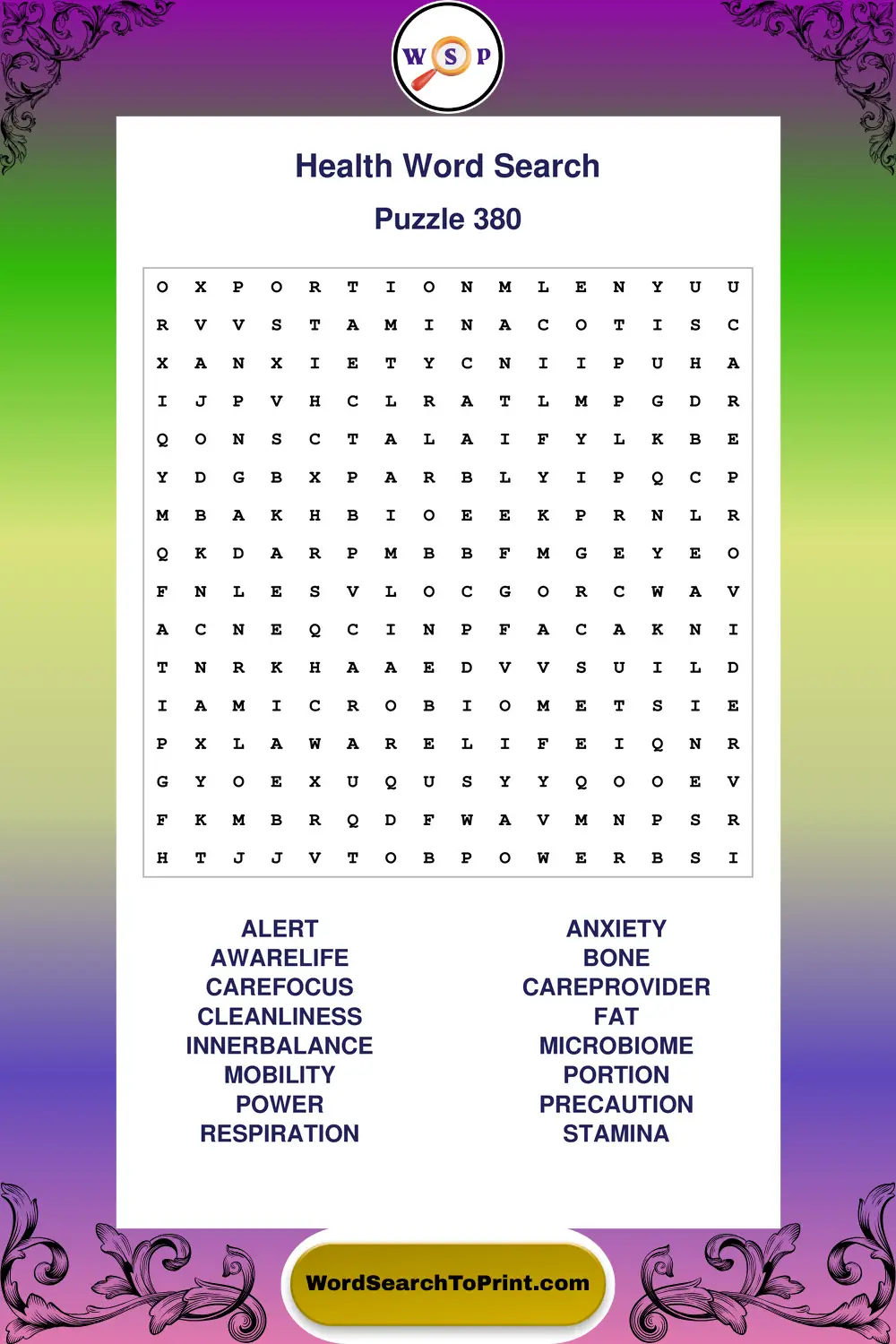 Health Word Search Puzzle 380