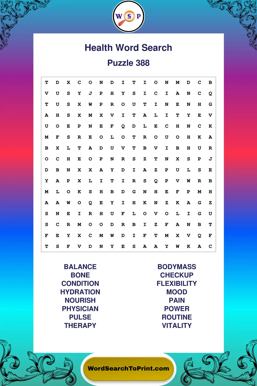 Health Word Search Puzzle 388