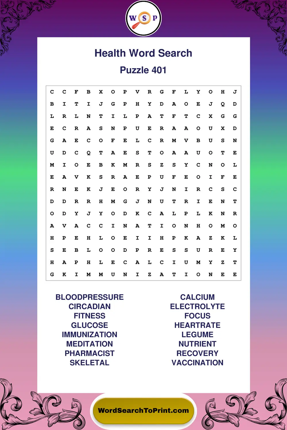 Health Word Search Puzzle 401