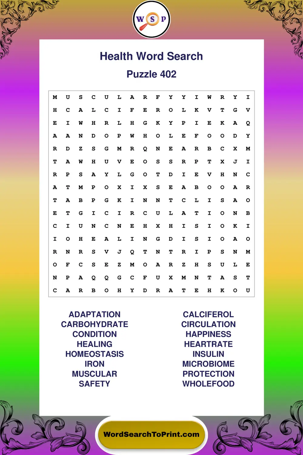 Health Word Search Puzzle 402