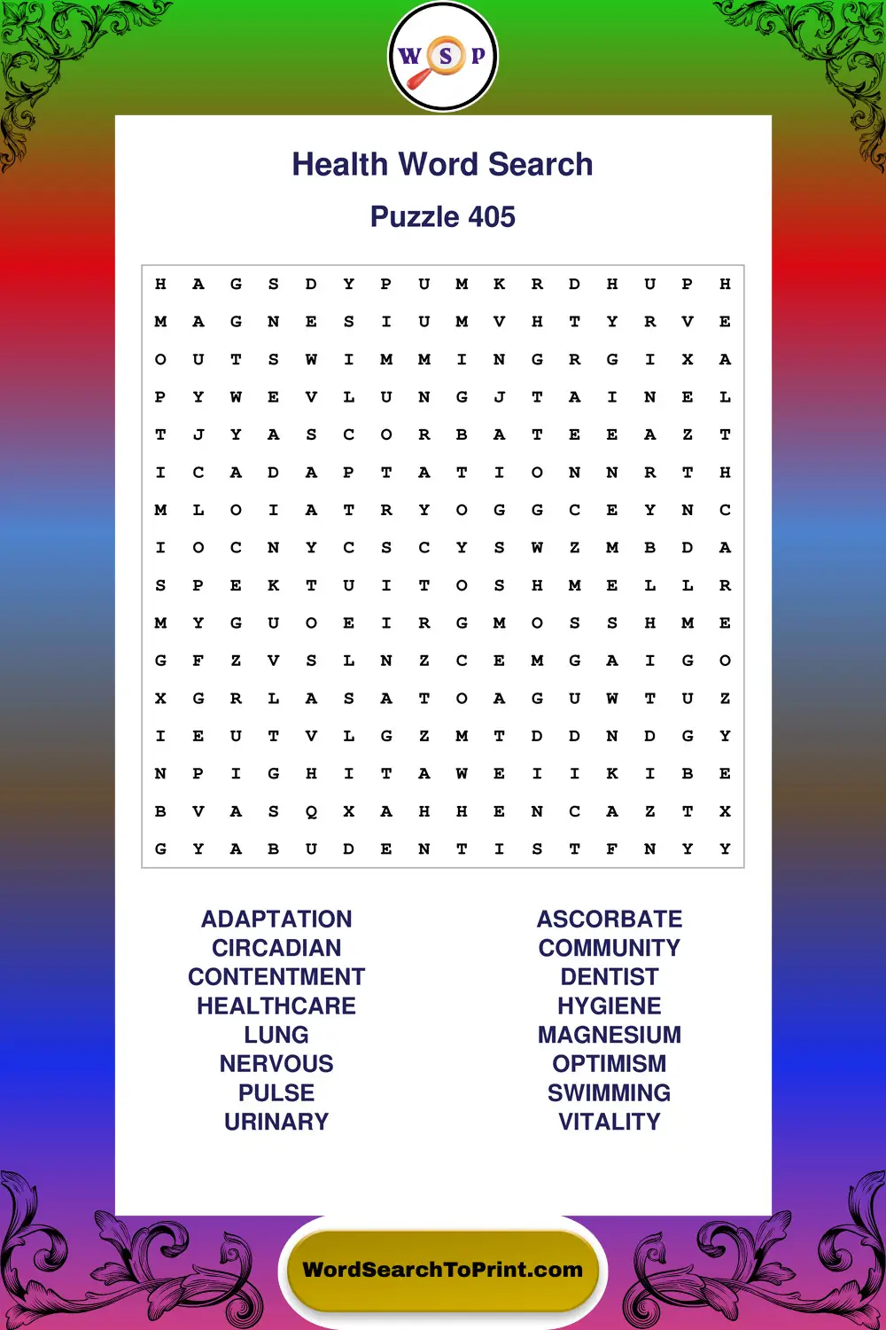 Health Word Search Puzzle 405