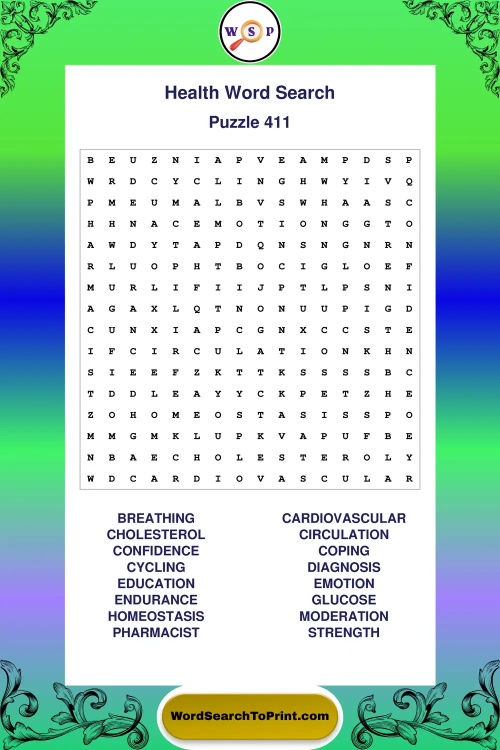 Health Word Search Puzzle 411