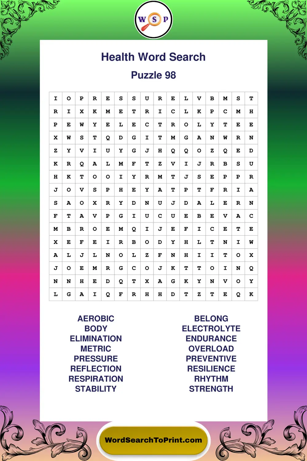 Health Word Search Puzzle 98
