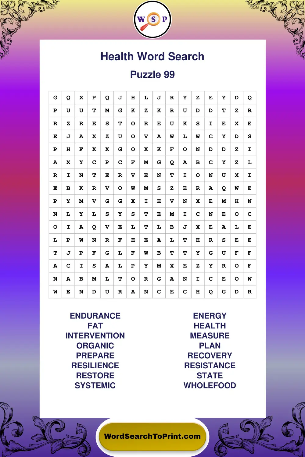 Health Word Search Puzzle 99