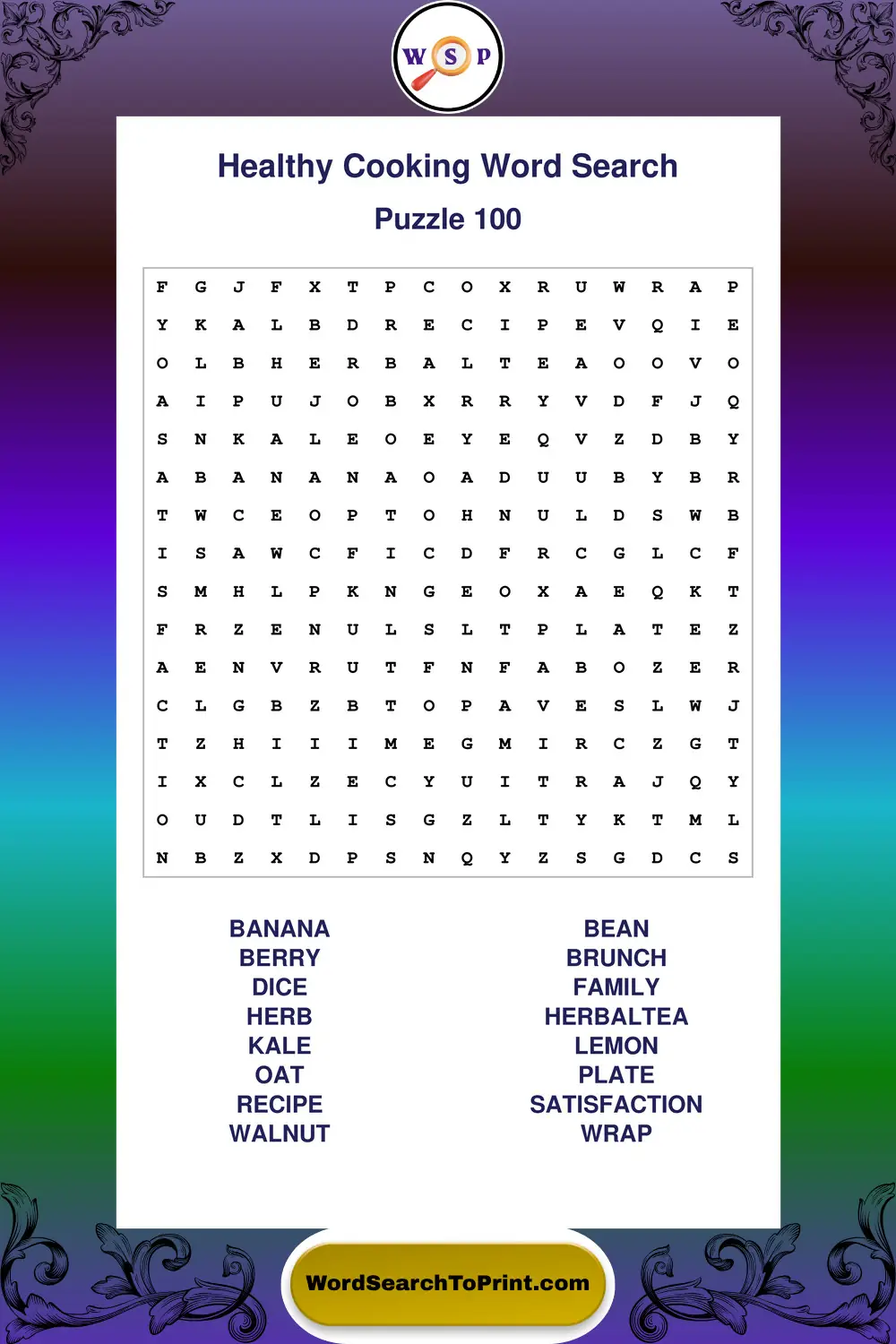 Healthy Cooking Word Search Puzzle 100