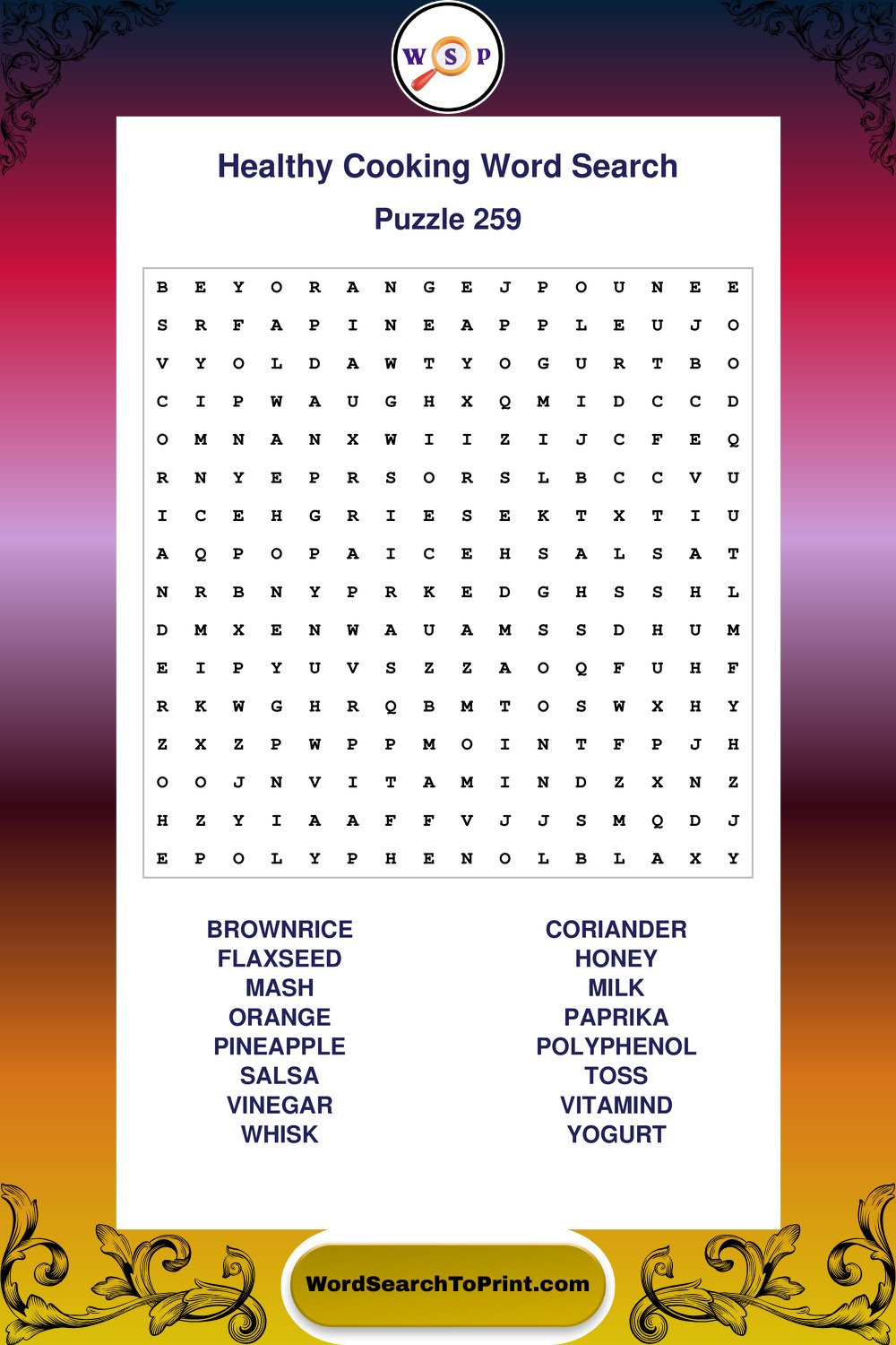 Healthy Cooking Word Search Puzzle 259