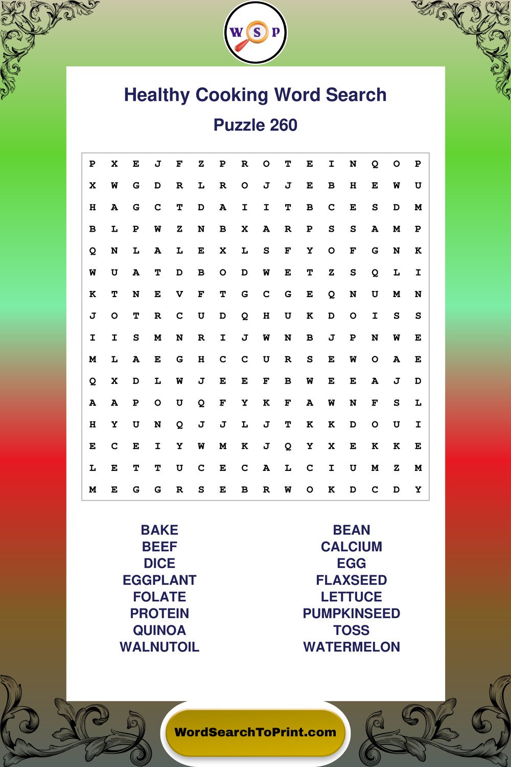 Healthy Cooking Word Search Puzzle 260