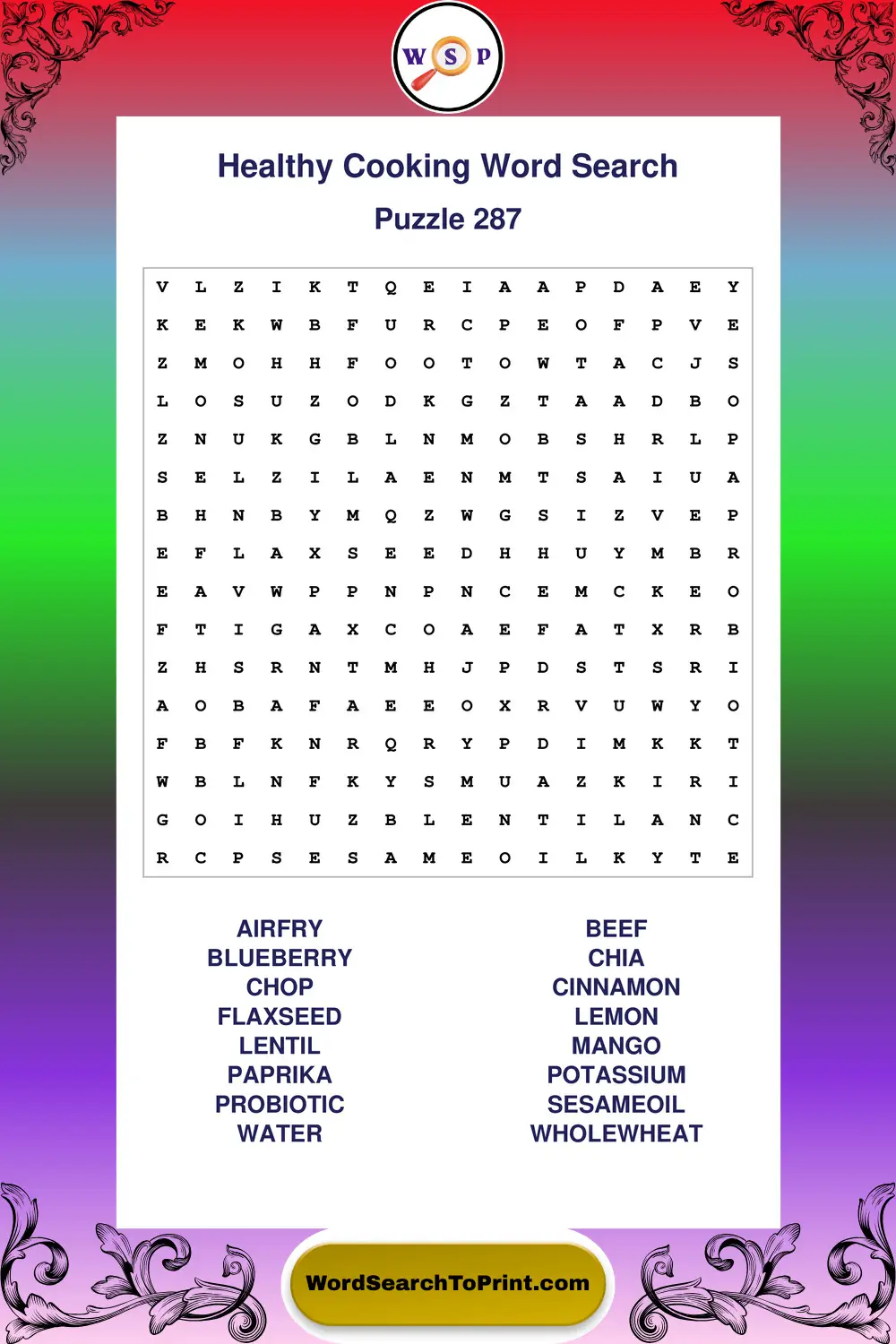 Healthy Cooking Word Search Puzzle 287