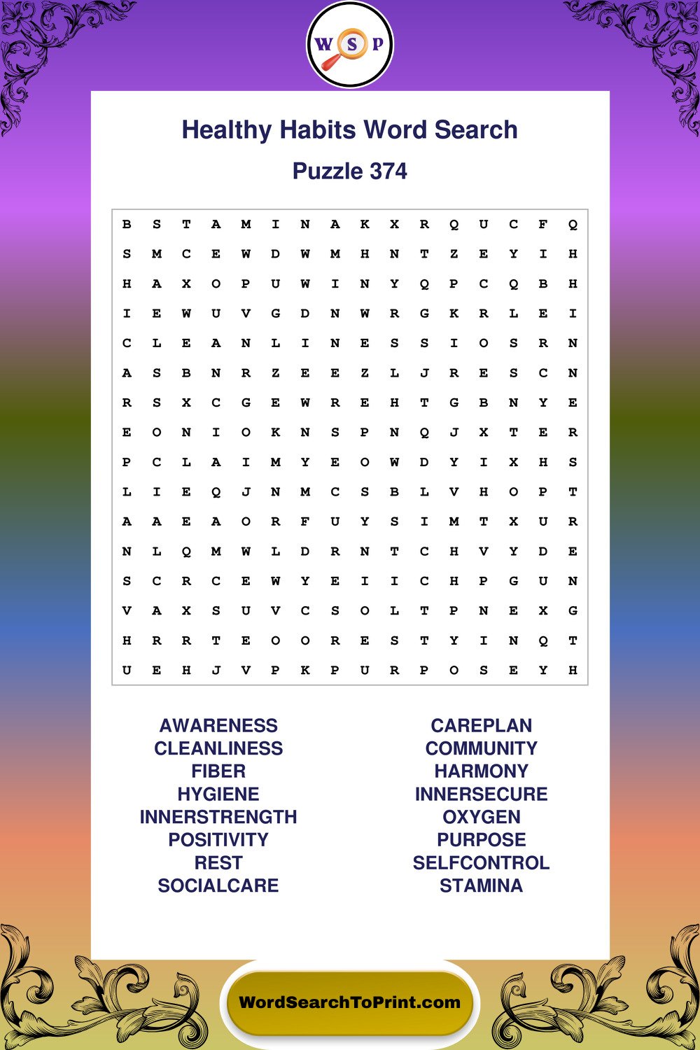 Healthy Habits Word Search Puzzle 374
