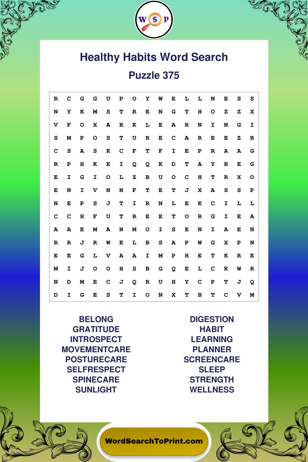 Healthy Habits Word Search Puzzle 375