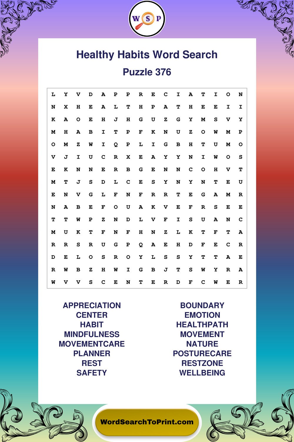 Healthy Habits Word Search Puzzle 376