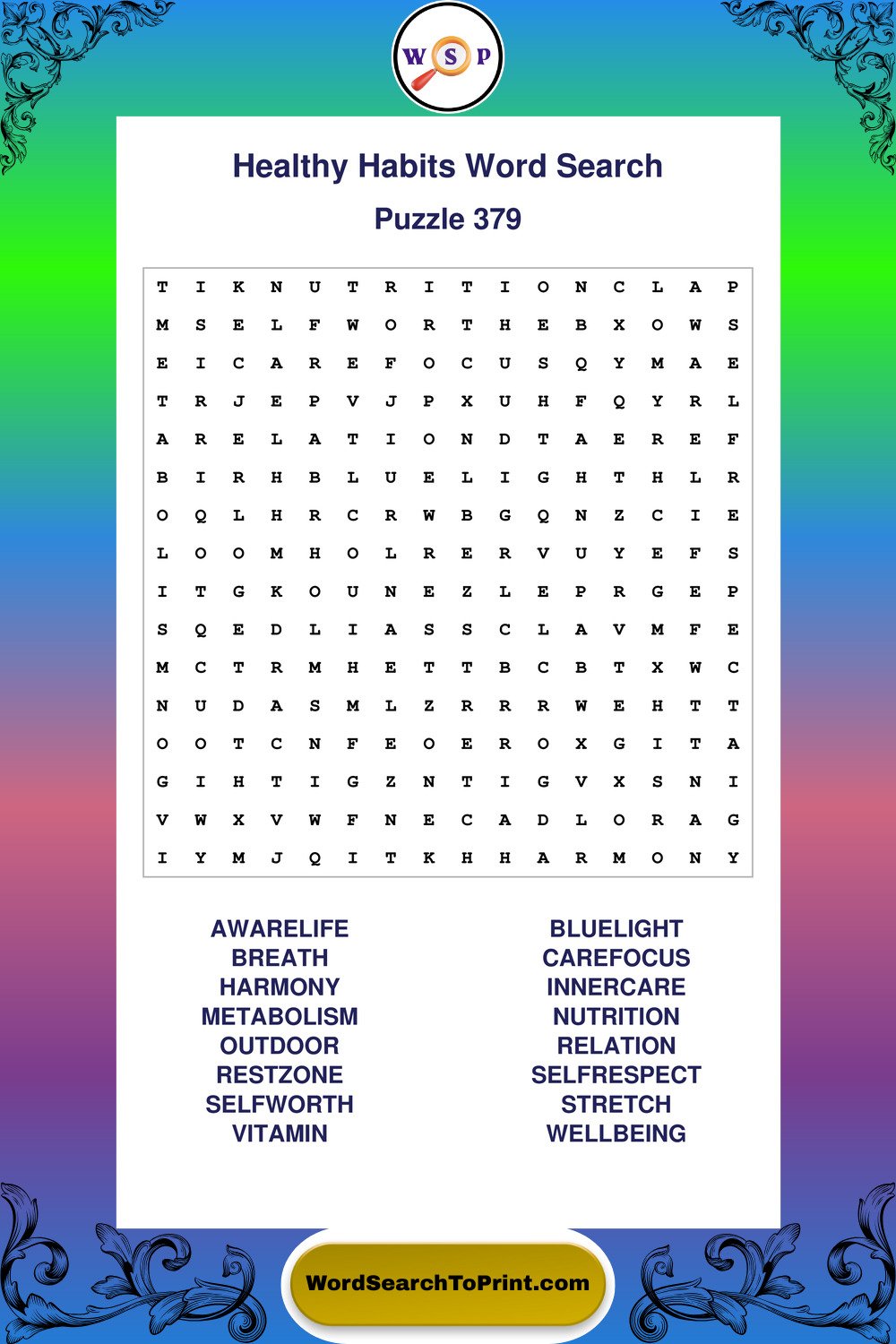 Healthy Habits Word Search Puzzle 379
