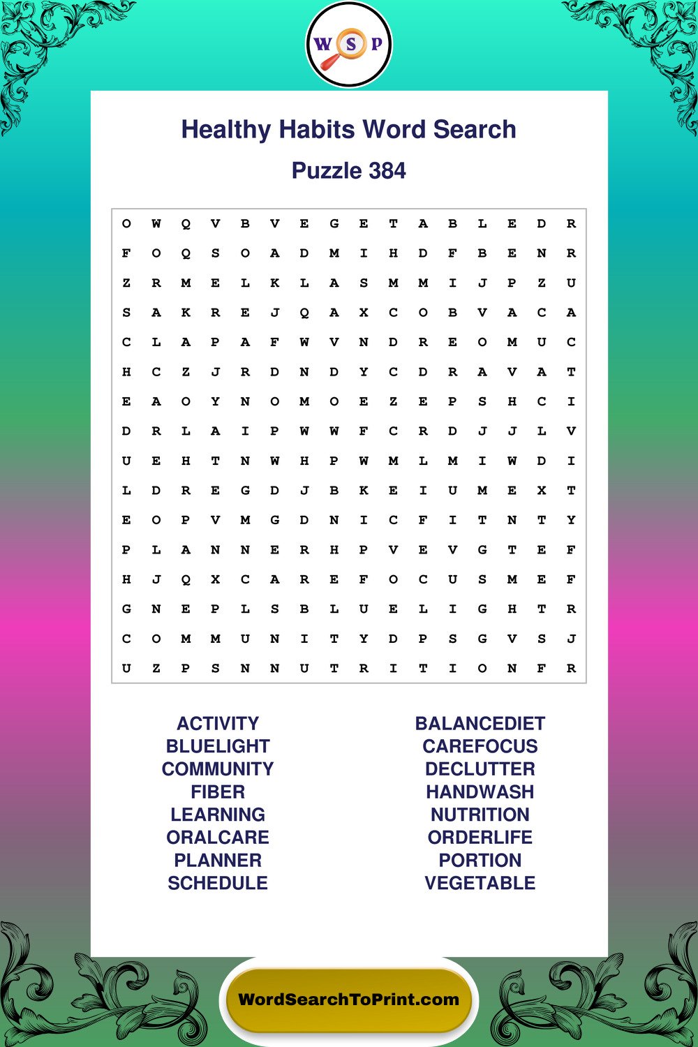 Healthy Habits Word Search Puzzle 384