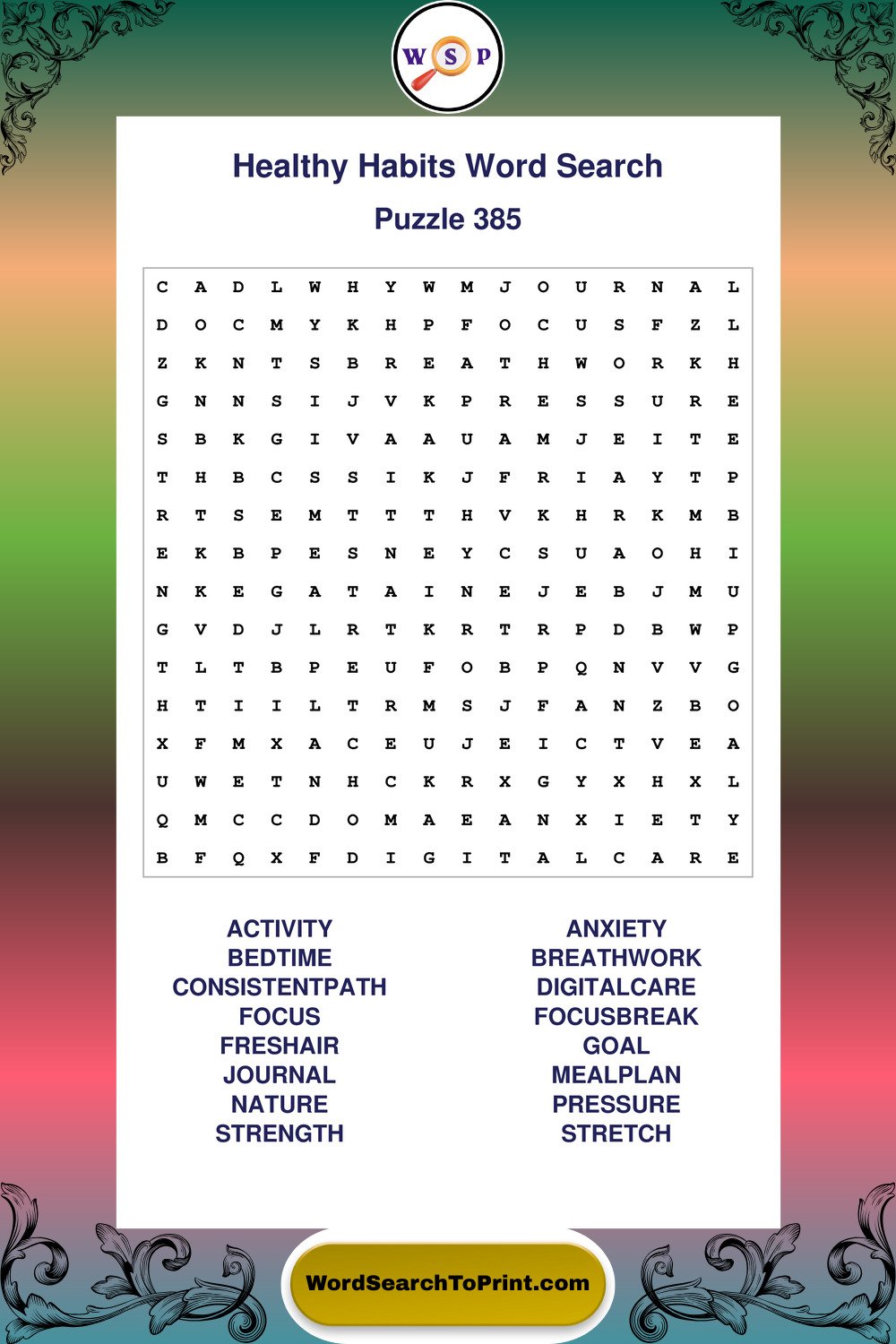 Healthy Habits Word Search Puzzle 385