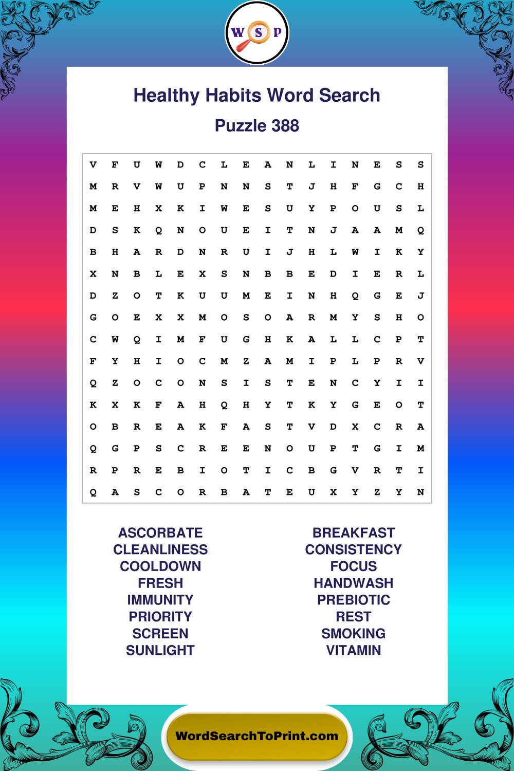 Healthy Habits Word Search Puzzle 388
