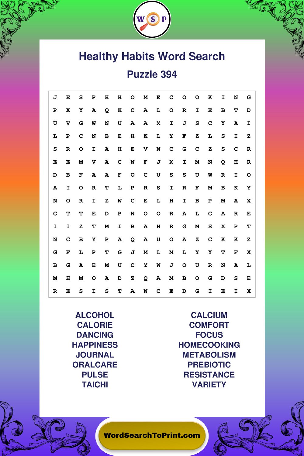 Healthy Habits Word Search Puzzle 394
