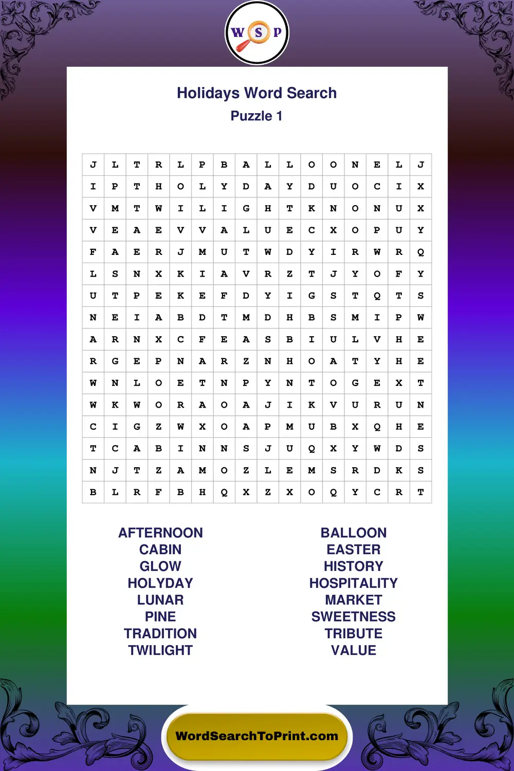 Holidays Word Search Puzzle 1