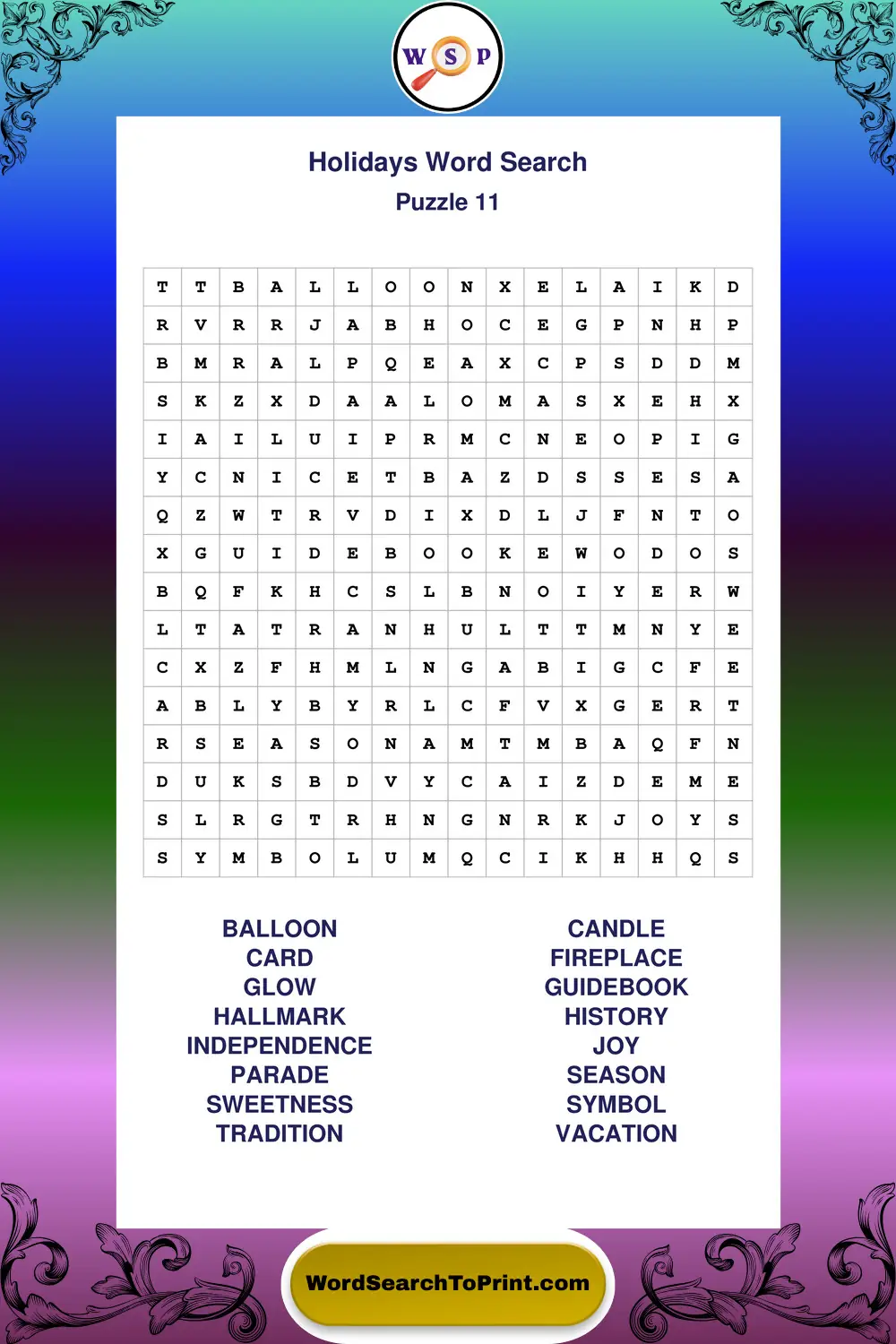 Holidays Word Search Puzzle 11