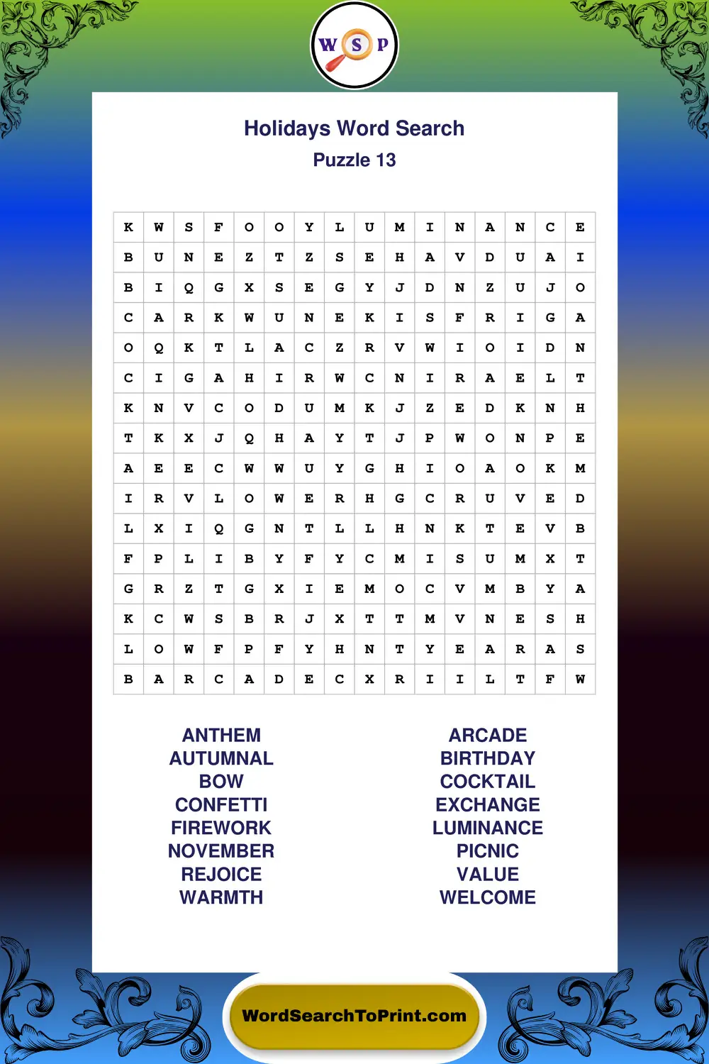 Holidays Word Search Puzzle 13