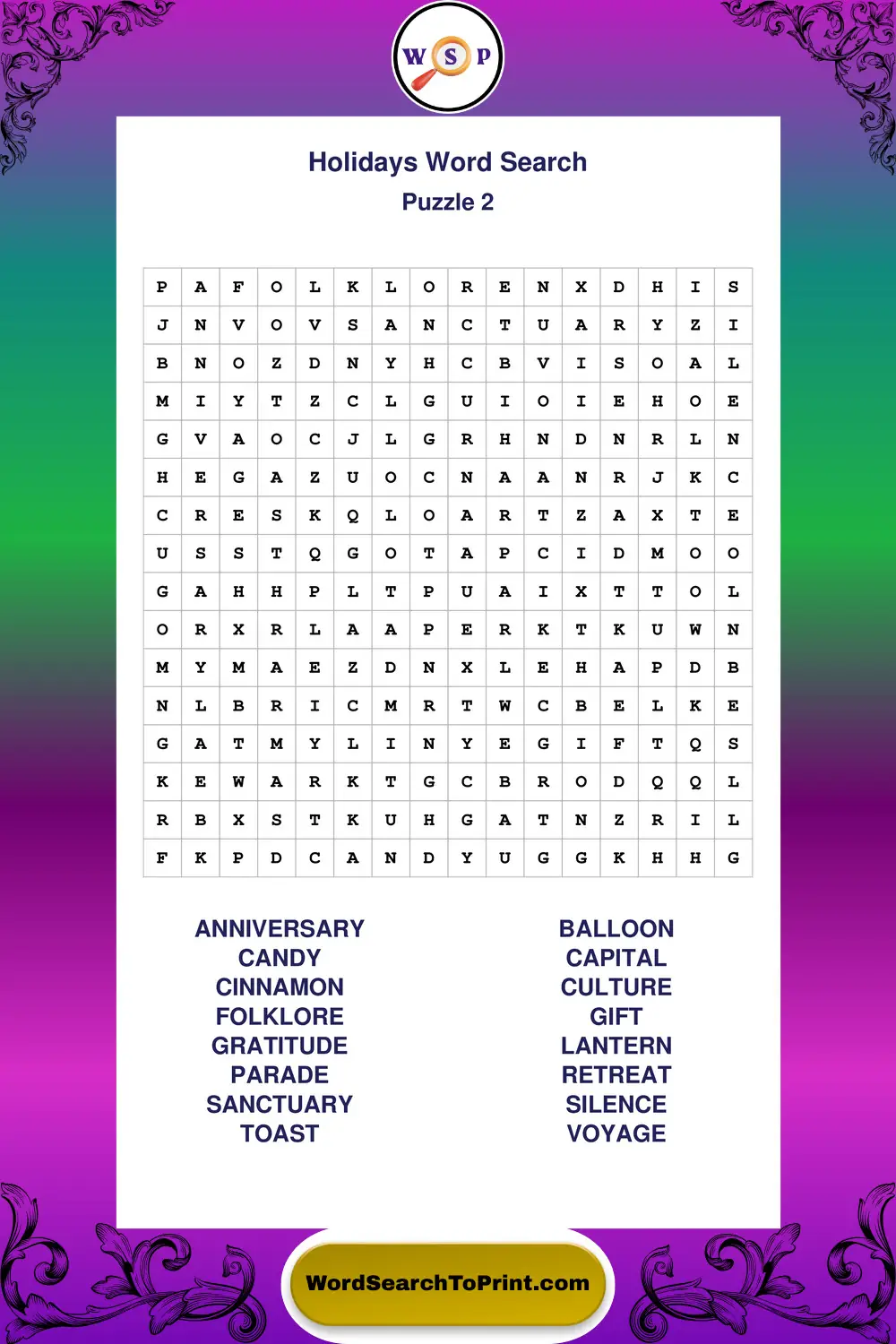 Holidays Word Search Puzzle 2