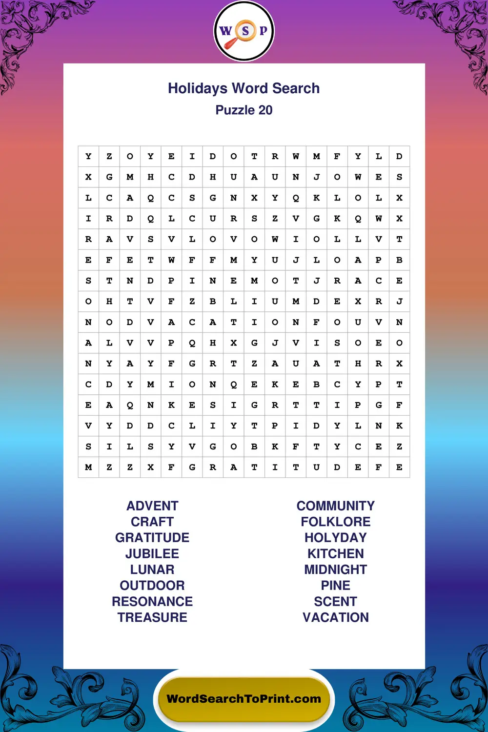 Holidays Word Search Puzzle 20