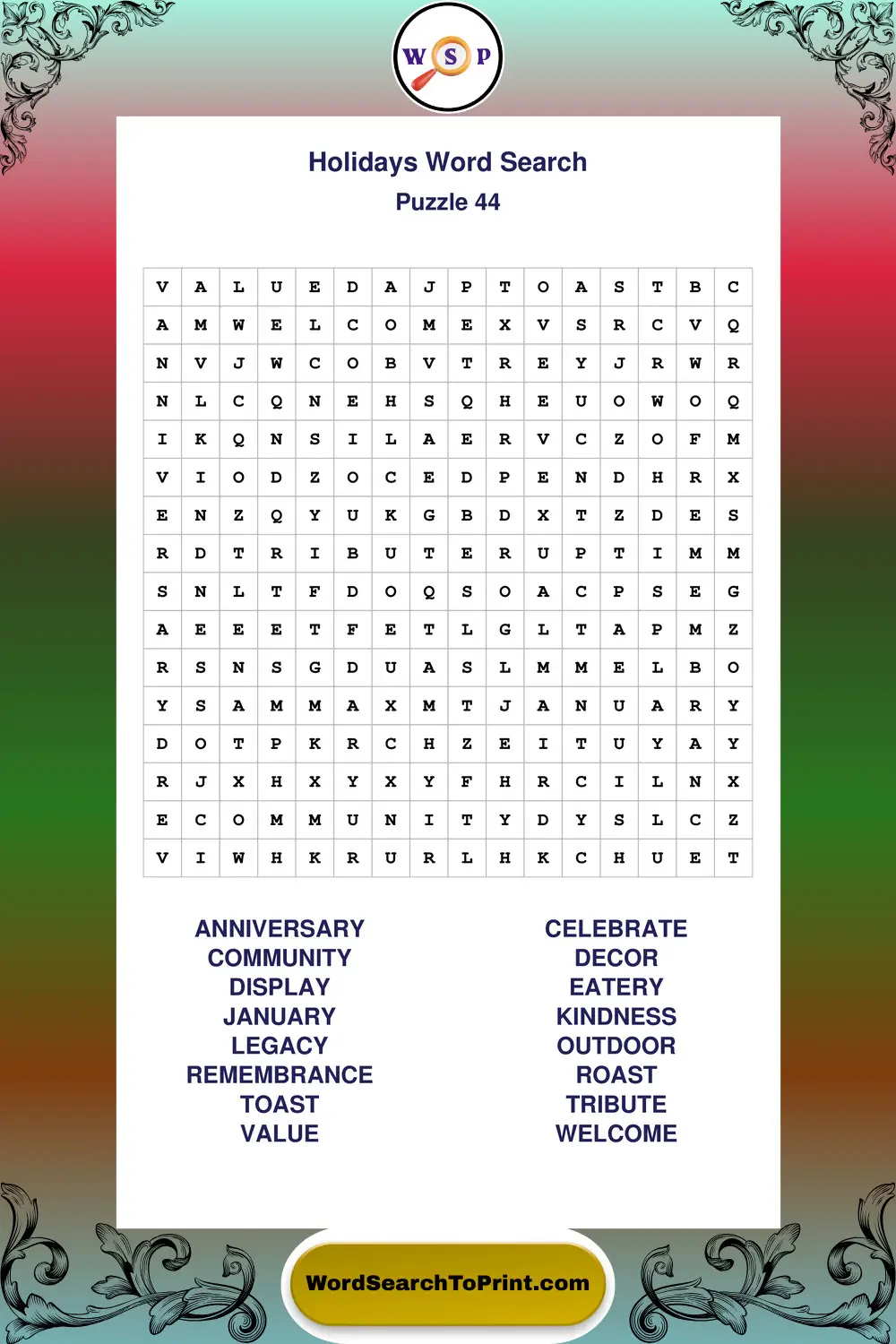 Holidays Word Search Puzzle 44