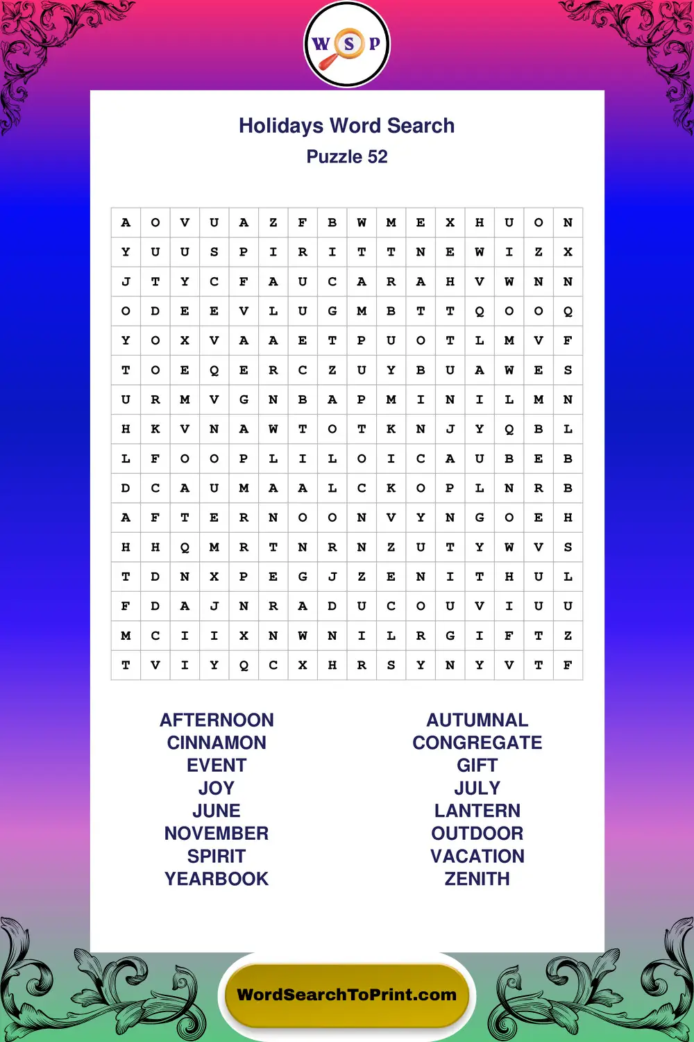 Holidays Word Search Puzzle 52