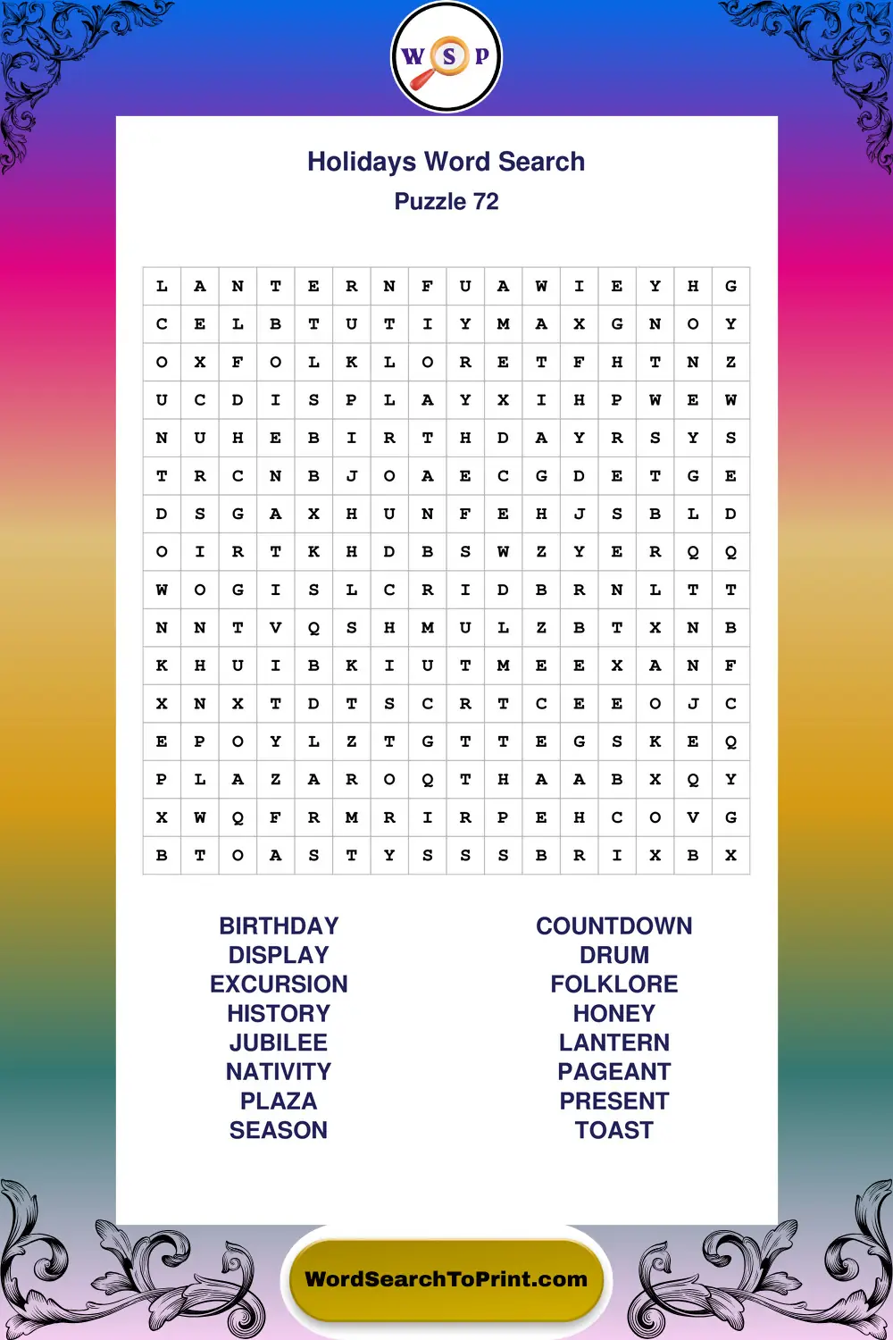 Holidays Word Search Puzzle 72