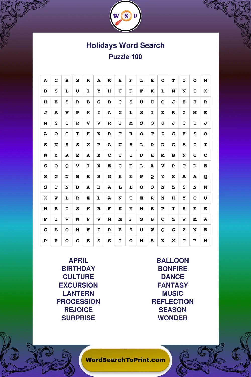 Holidays Word Search Puzzle 100
