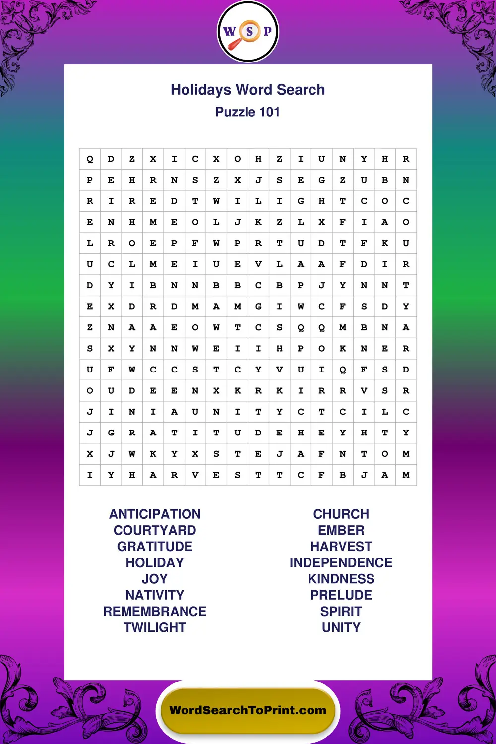 Holidays Word Search Puzzle 101