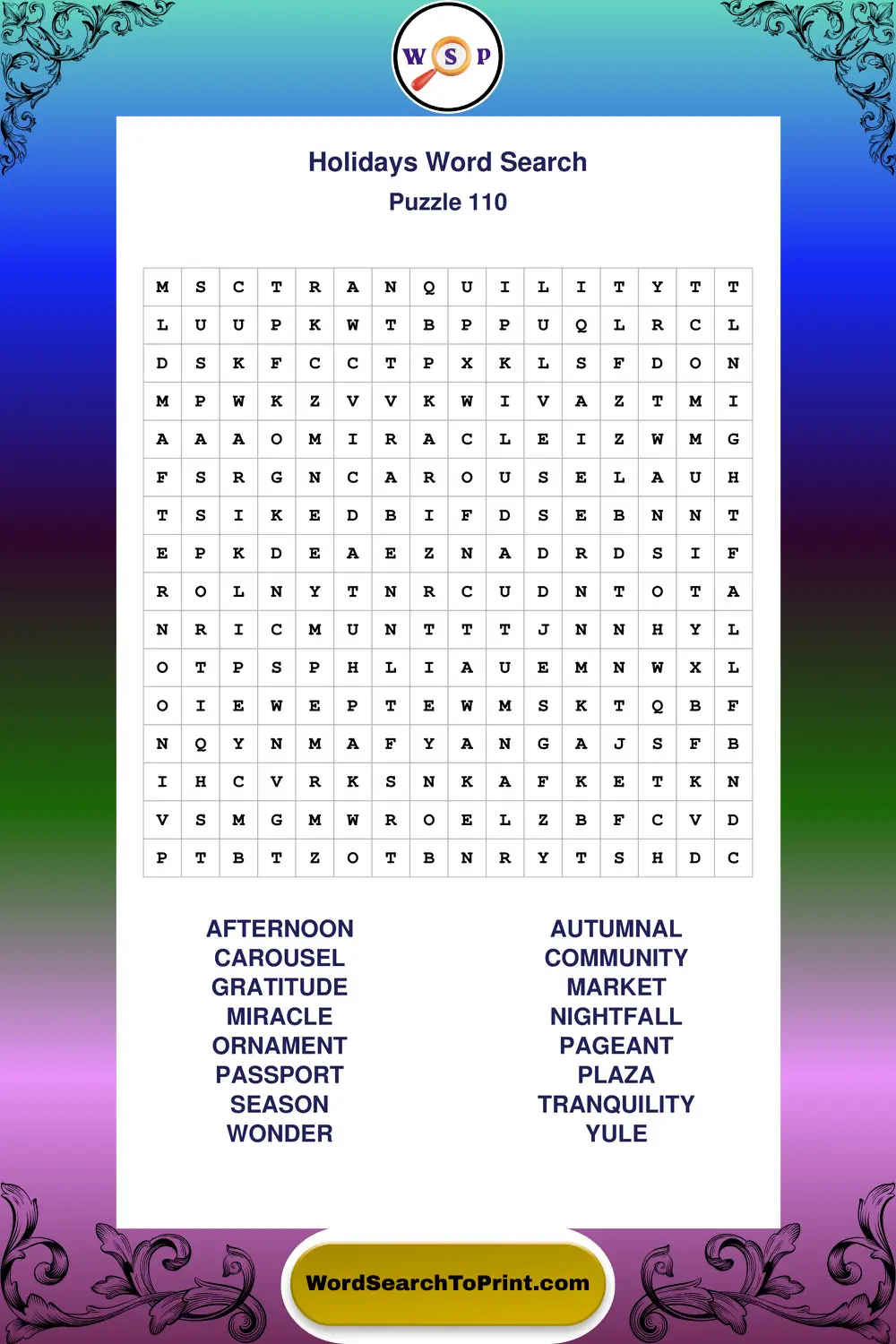 Holidays Word Search Puzzle 110